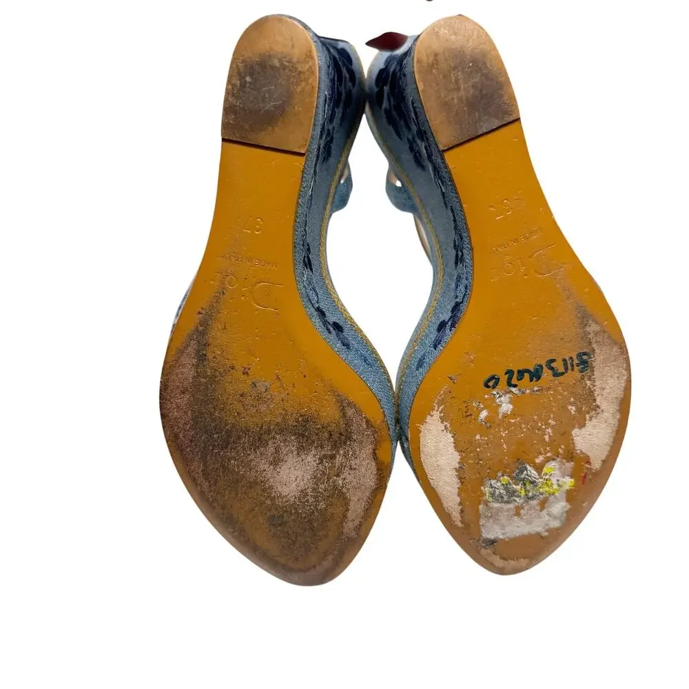 Christian Dior Galliano Denim Floral Embroidered CD Wedge Sandals Size 37